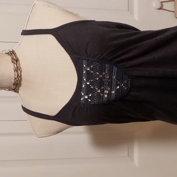 Hollister Y2k Navy Blue Soft Knit Razorback Tank Top W/ Rhinestone Center Sz Med - Picture 3 of 11